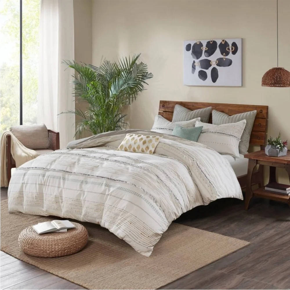 INK + IVY NWT new cotton printed duvet cover set -gray/ivory -full/queen